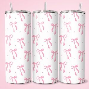 Pink Loopy Bow Tumbler, 20oz Skinny Stainless Steel with Plastic Lid and Straw.